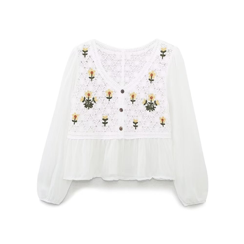 Spring Autumn French Retro Elegant Crocheted Hollow Out Cutout out Little Daisy Embroidered Loose V neck Chiffon Shirt Women Top