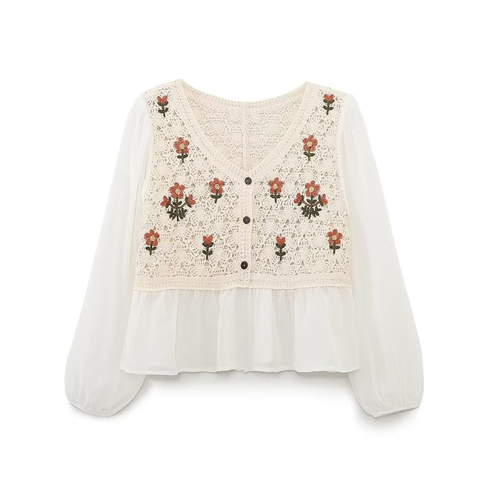 Frühling Herbst Französisch Retro Elegant Gehäkelt Aushöhlen Ausschnitt Kleine Gänseblümchen Bestickt Lose V-ausschnitt Chiffon Hemd Frauen Top