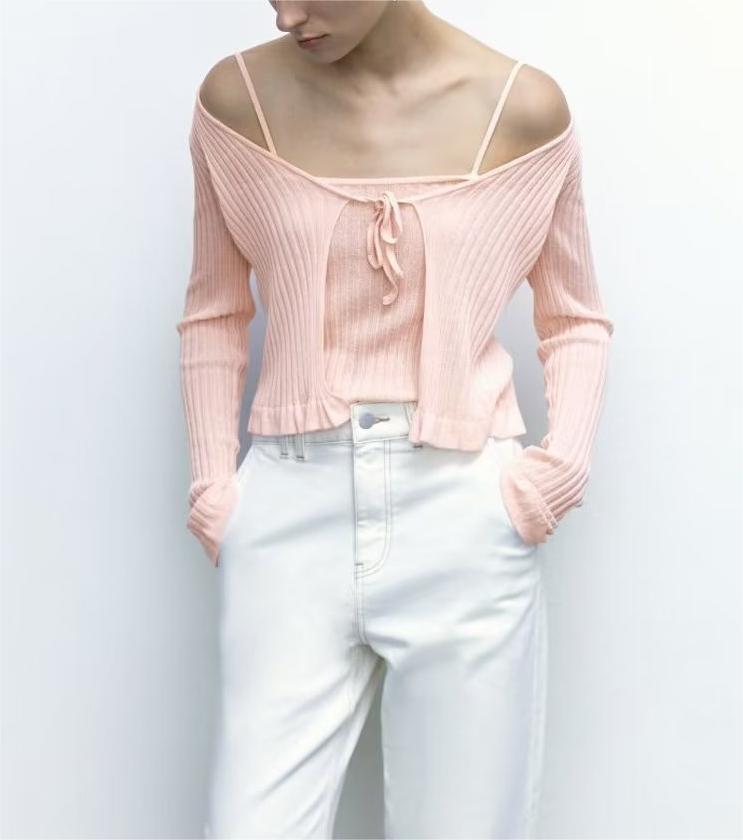 Light Pink Knitwear Women Clothing Spring Western Slim Fit Faux Two Pieces