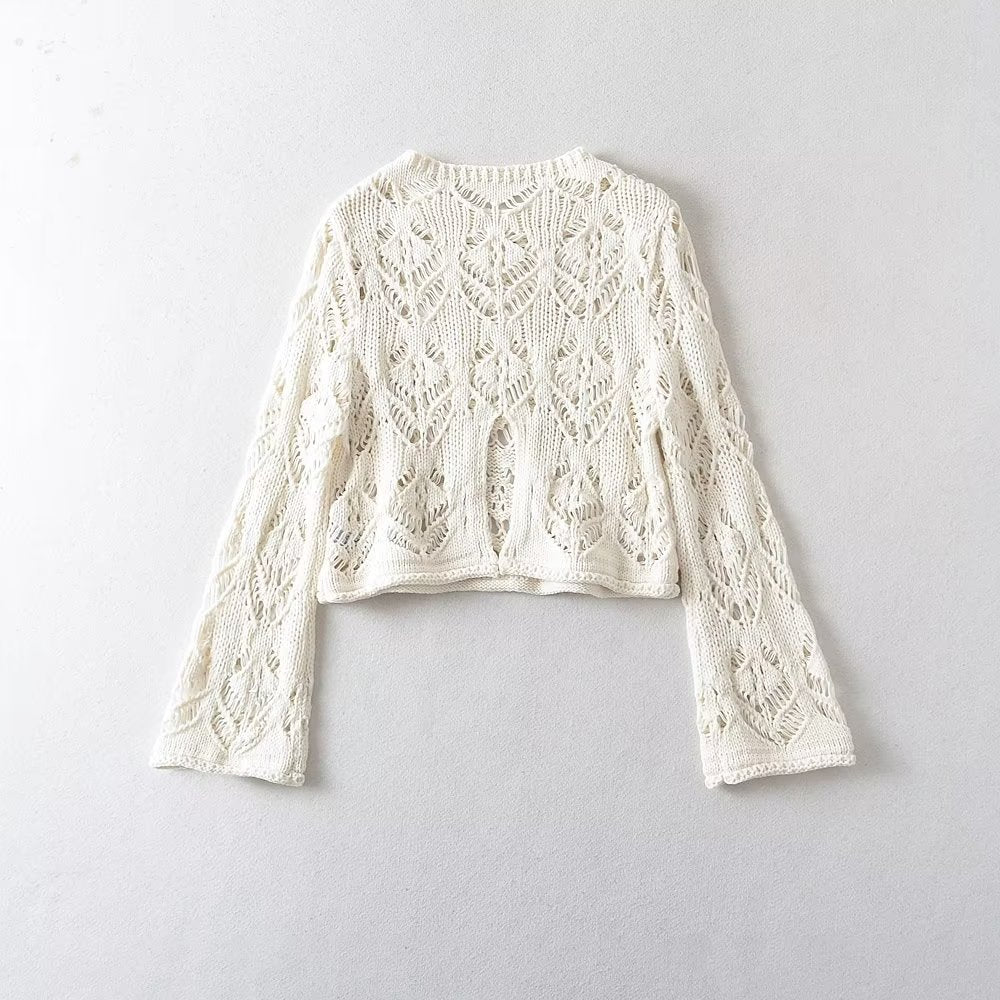 Women Clothing Sexy Hollow Out Cutout Long Sleeved Lace Top