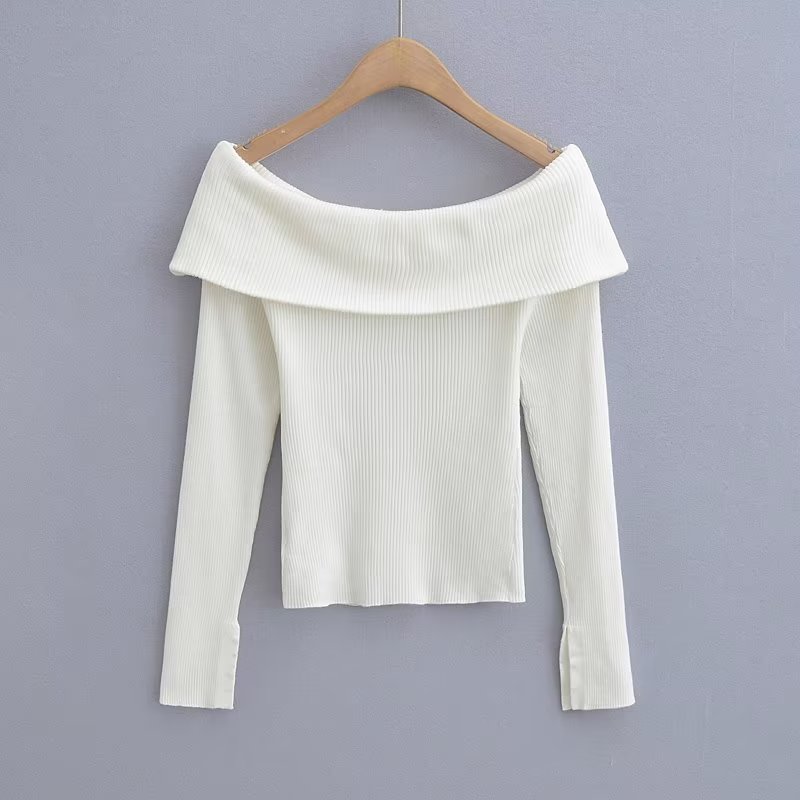 Spring White off-Shoulder off-Shoulder Collar Stretch Slimming Long Sleeve Pullover Sweater Women