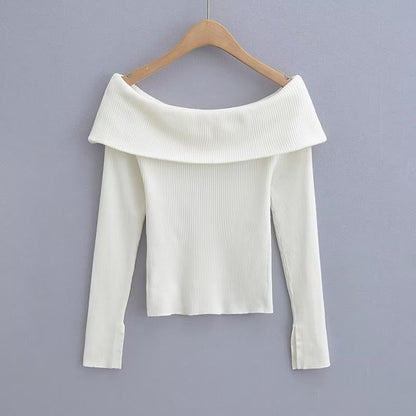 Spring White off-Shoulder off-Shoulder Collar Stretch Slimming Long Sleeve Pullover Sweater Women