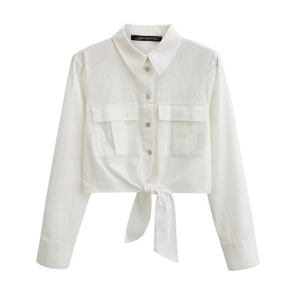 Summer Women White Long Sleeve Knot Shirt