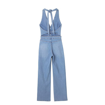 Summer Hanging Collar Lace Up Denim Jumpsuit Sexy Trousers High Waist Straight Pants Women