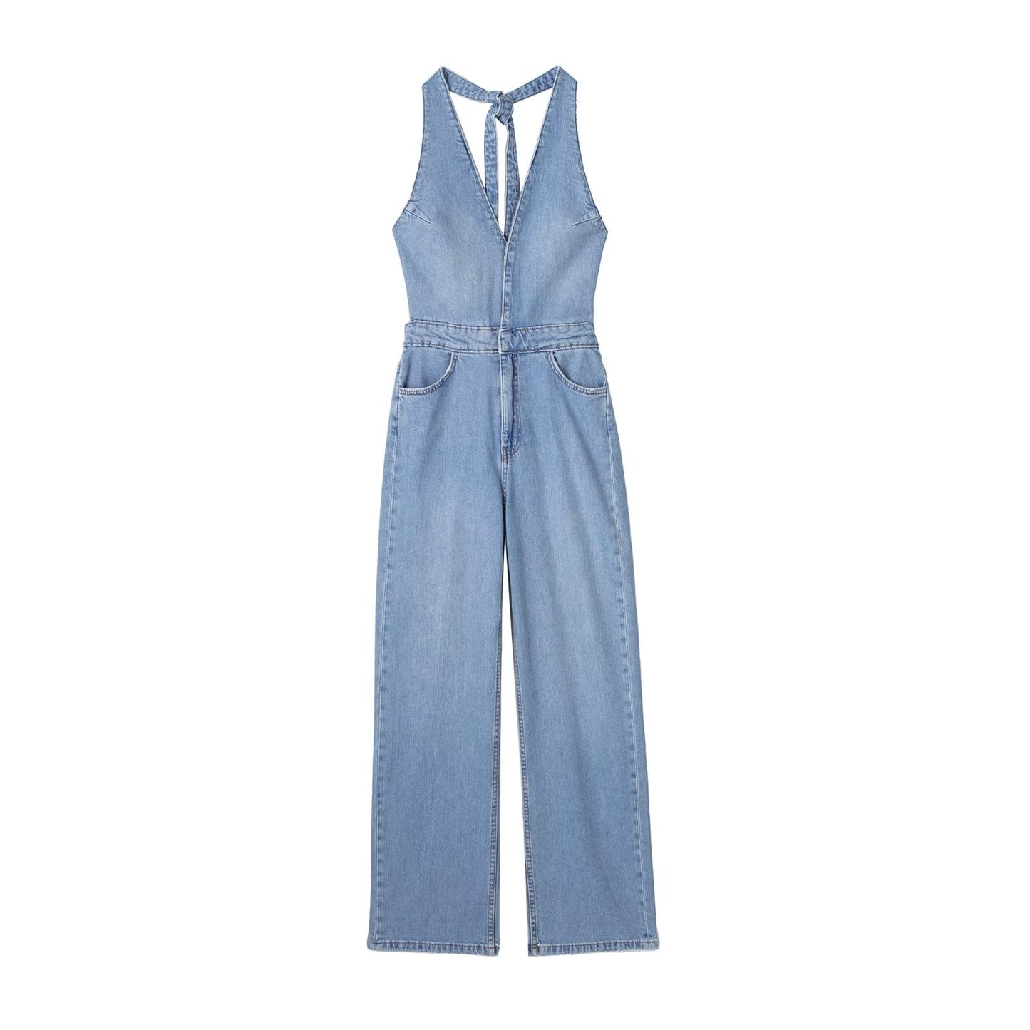 Summer Hanging Collar Lace Up Denim Jumpsuit Sexy Trousers High Waist Straight Pants Women