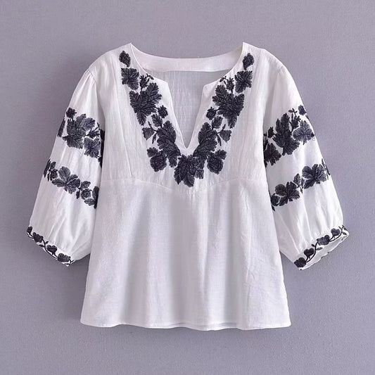 Spring Women Embroidered Cotton Loose Shirt