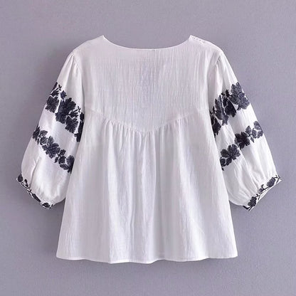 Spring Women Embroidered Cotton Loose Shirt