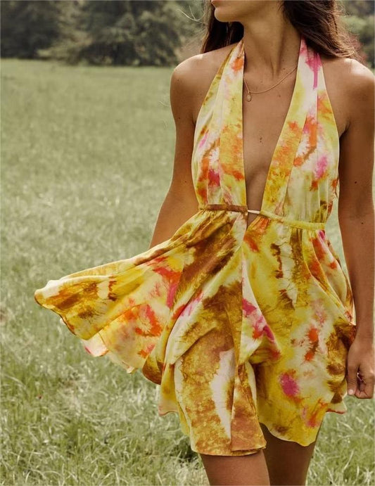 Ropa de verano para mujer, vestido estampado con cordones y espalda descubierta, vestido corto de vacaciones