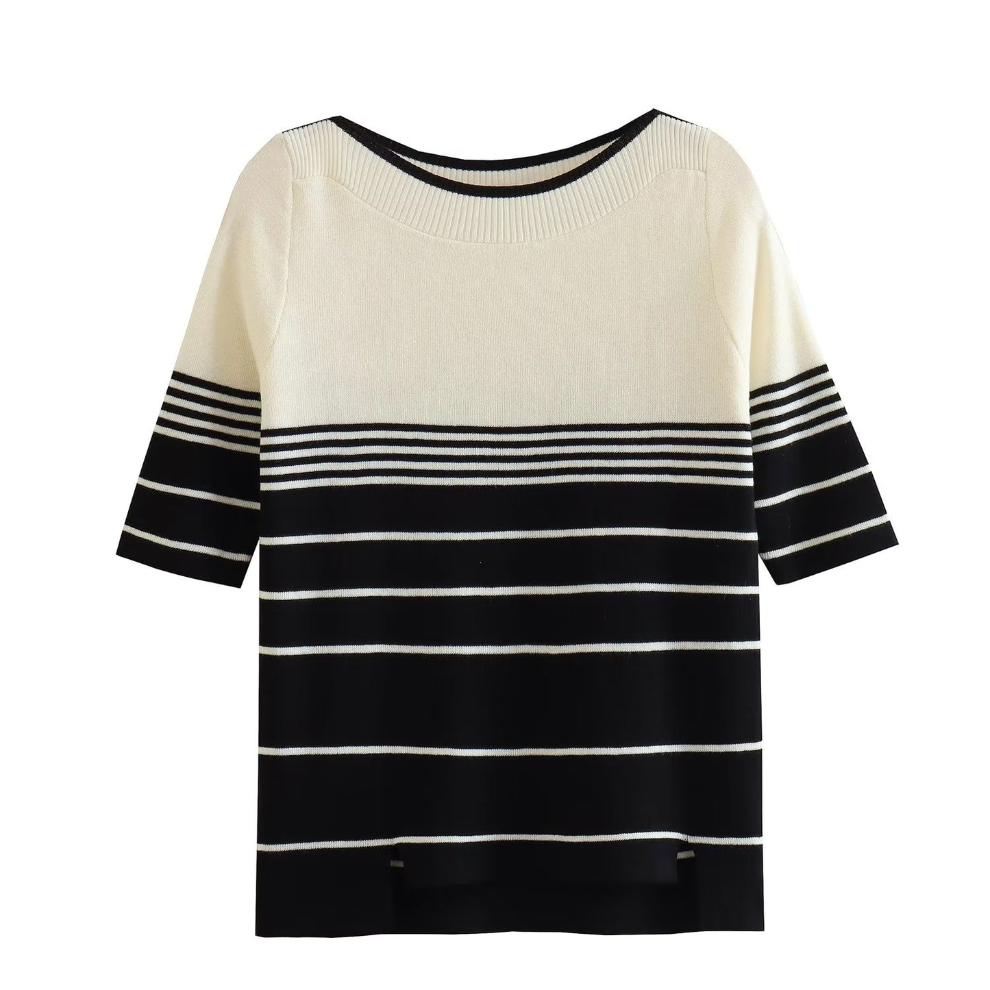 Summer Women Clothing Stripes off Neck Short Sleeve Knitted Top