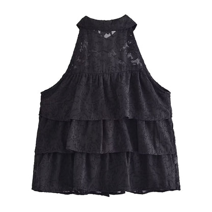 Spring Women Street Embroidered Jacquard Sleeveless Shirt