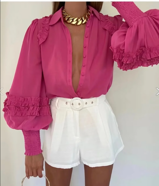 Camisa de manga larga con cuello y decoración laminada para mujer, camisa de manga larga con farol rojo y rosa de verano