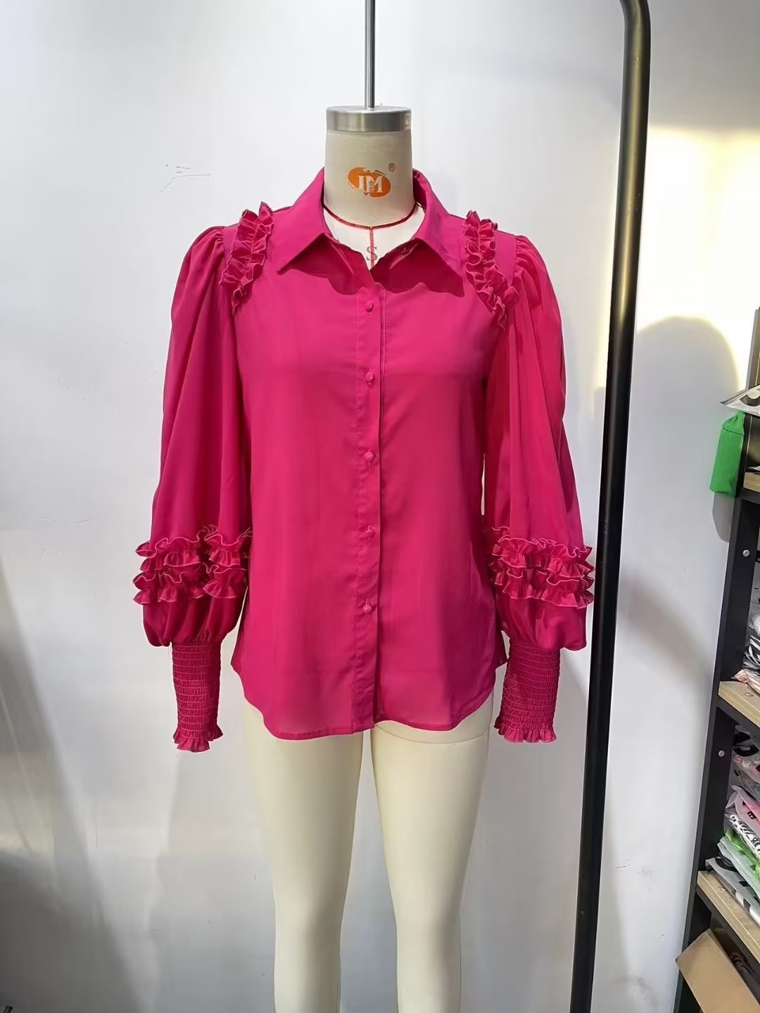 Camisa de manga larga con cuello y decoración laminada para mujer, camisa de manga larga con farol rojo y rosa de verano