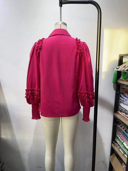 Summer Rose Red Lantern Sleeve Shirt Laminated Decoration Collared Long Sleeve Shirt Top Women