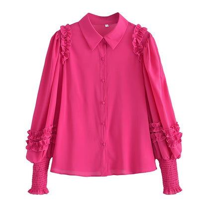 Summer Rose Red Lantern Sleeve Shirt Laminated Decoration Collared Long Sleeve Shirt Top Women