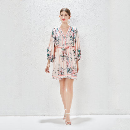 Vestido de viaje con estampado de posicionamiento para mujer, vestido con cuello en V y manga acampanada, novedad de primavera, verano y otoño