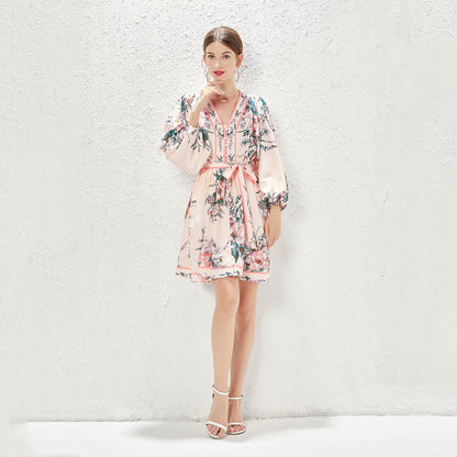 Vestido de viaje con estampado de posicionamiento para mujer, vestido con cuello en V y manga acampanada, novedad de primavera, verano y otoño