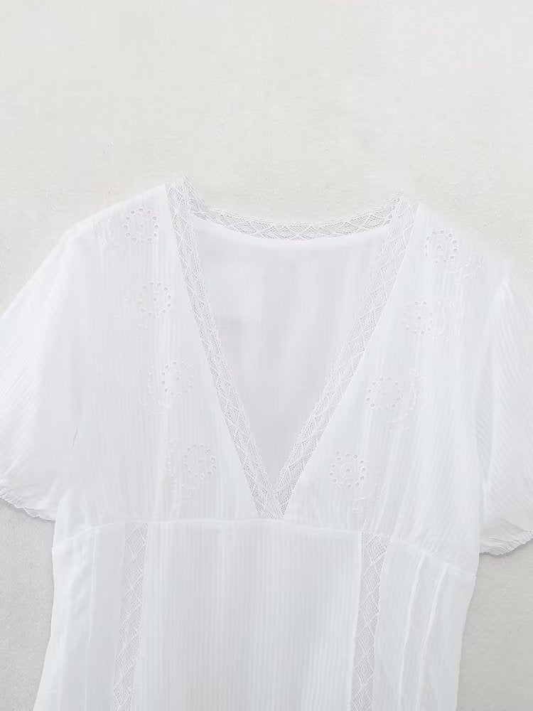 Ropa de verano para mujer, vestido bordado con recortes y mangas abullonadas francesas con cuello en V y cintura ajustada