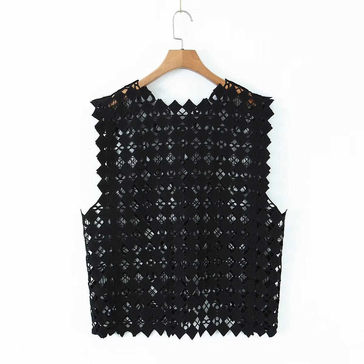 Retro Hollow Out Cutout Out Diamond Lattice Vest Elegant Vest Spring Solid Color Top Women