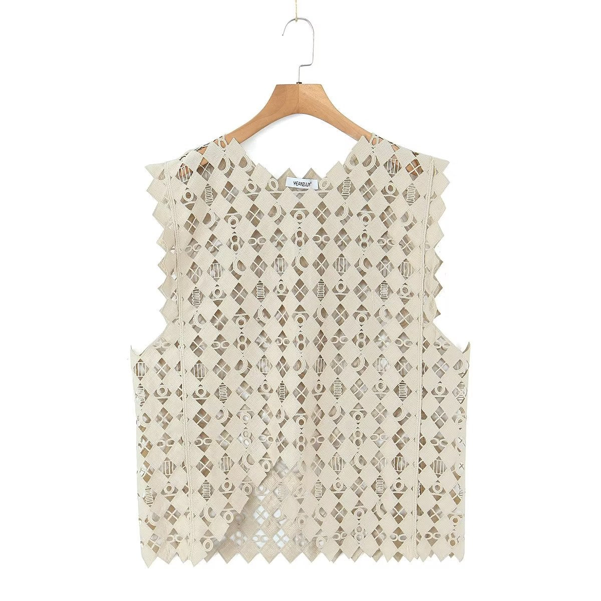 Retro Hollow Out Cutout Out Diamond Lattice Vest Elegant Vest Spring Solid Color Top Women