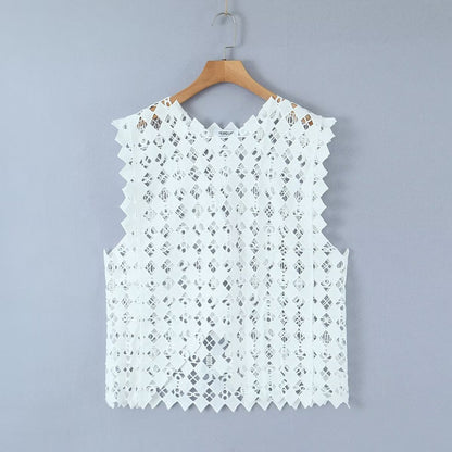 Retro Hollow Out Cutout Out Diamond Lattice Vest Elegant Vest Spring Solid Color Top Women