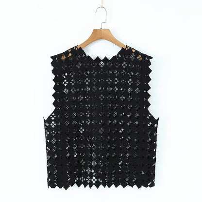 Retro Hollow Out Cutout Out Diamond Lattice Vest Elegant Vest Spring Solid Color Top Women