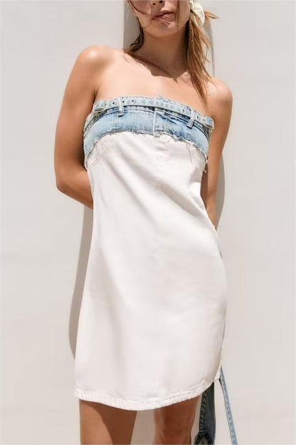 Summer Women Strapless Straight Collar Short Version Slim Tube Top Denim Dress