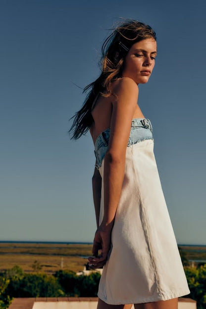 Vestido vaquero de verano para mujer, sin tirantes, con cuello recto, versión corta, ajustado, con parte superior de tubo