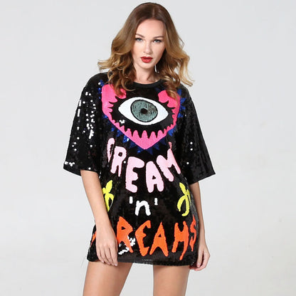 Peach Heart Spring-Summer Top Love Peach Eyes Alphabet Sequ Mid Length Loose T shirt