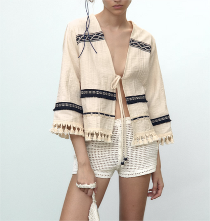 Summer Women Clothing V neck Long Sleeve Decorated Tassel Cardigan