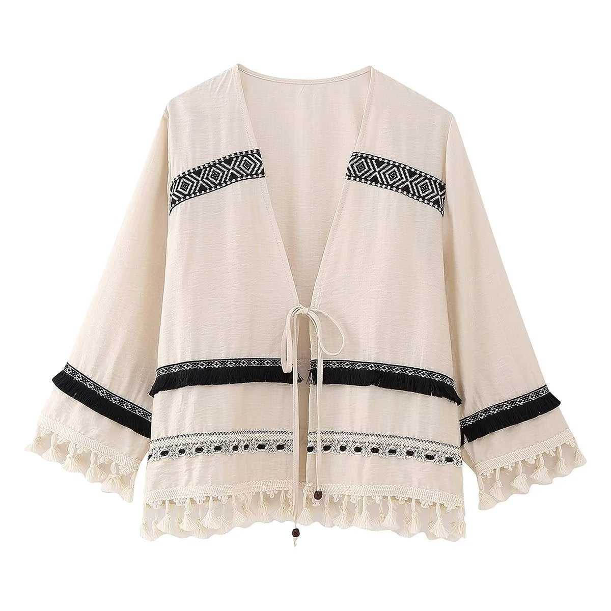 Summer Women Clothing V neck Long Sleeve Decorated Tassel Cardigan