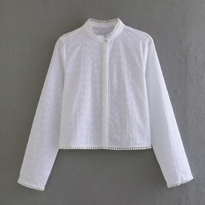 Women Clothing Hollow Out Cutout Embroidery White Shirt Stand Collar Single Breasted Long Sleeve Shirt Small Top