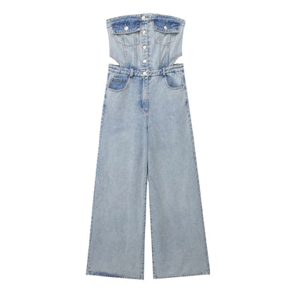 Sommer-Jumpsuit-Hose aus Denim mit ausgehöhlten, schulterfreien Schultern, enger Taille und schmaler Passform, Tube-Top für Damen