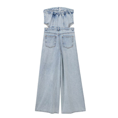 Summer Hollow Out Cutout out Shoulder Baring Tight Waist Slim Fit Tube Top Denim Jumpsuit Trousers for Women