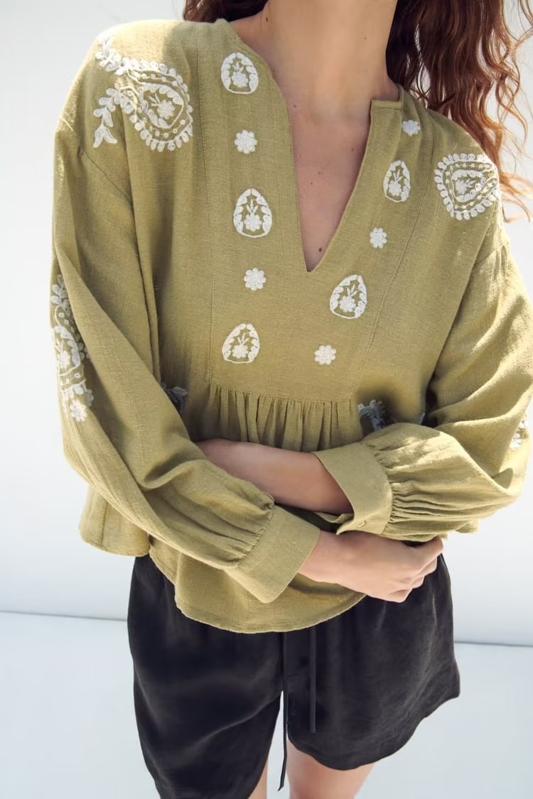 Women Long Sleeve V neck Embroidery Shirt