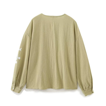 Women Long Sleeve V neck Embroidery Shirt