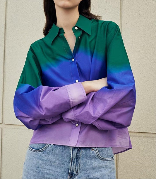 Camisa tipo cárdigan con cuello vuelto y costuras de color con personalidad colorida para mujer de verano