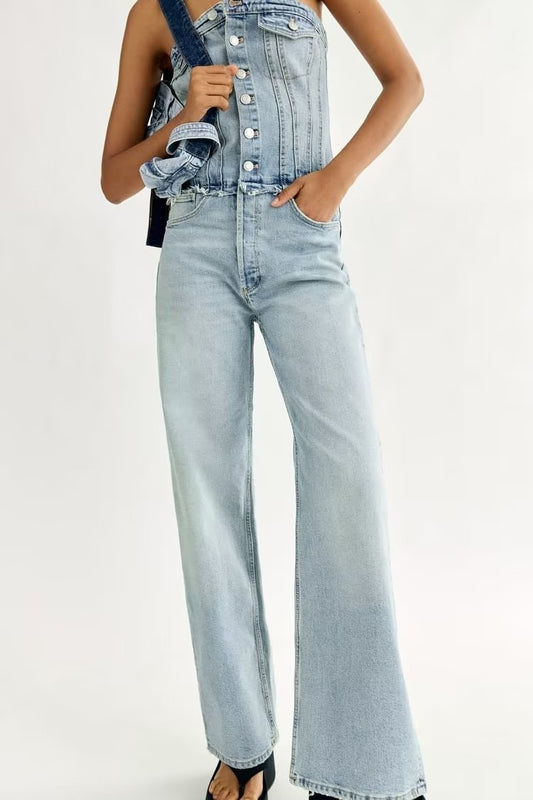 Summer Casual All Matching Cropped Outfit Hollow Out Cutout out Shoulder-Baring Tube Top Denim Jumpsuit