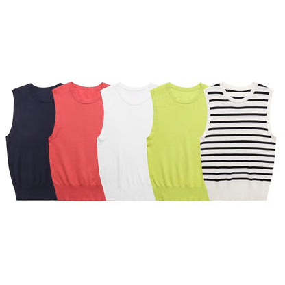 Women Clothing Summer Striped Basic Round Neck Sleeveless Knitted Top