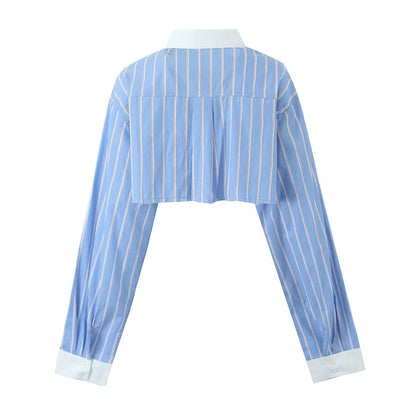 Summer Women Clothing Contrast Color Stitching Stripe Long Sleeves Short Shirt Top