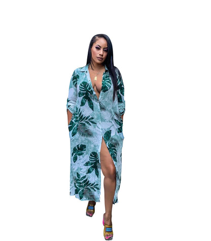 Camisa sexy de verano con estampado verde y una sola botonadura para mujer