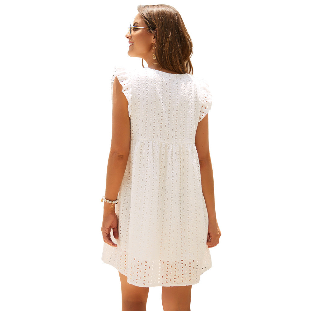 Office Women Clothing Summer V-neck Short SleeveLace Midi Dress Eyelet Embroidery