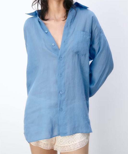 Spring Women Collared Pocket Long Sleeve Loose Shirt Top