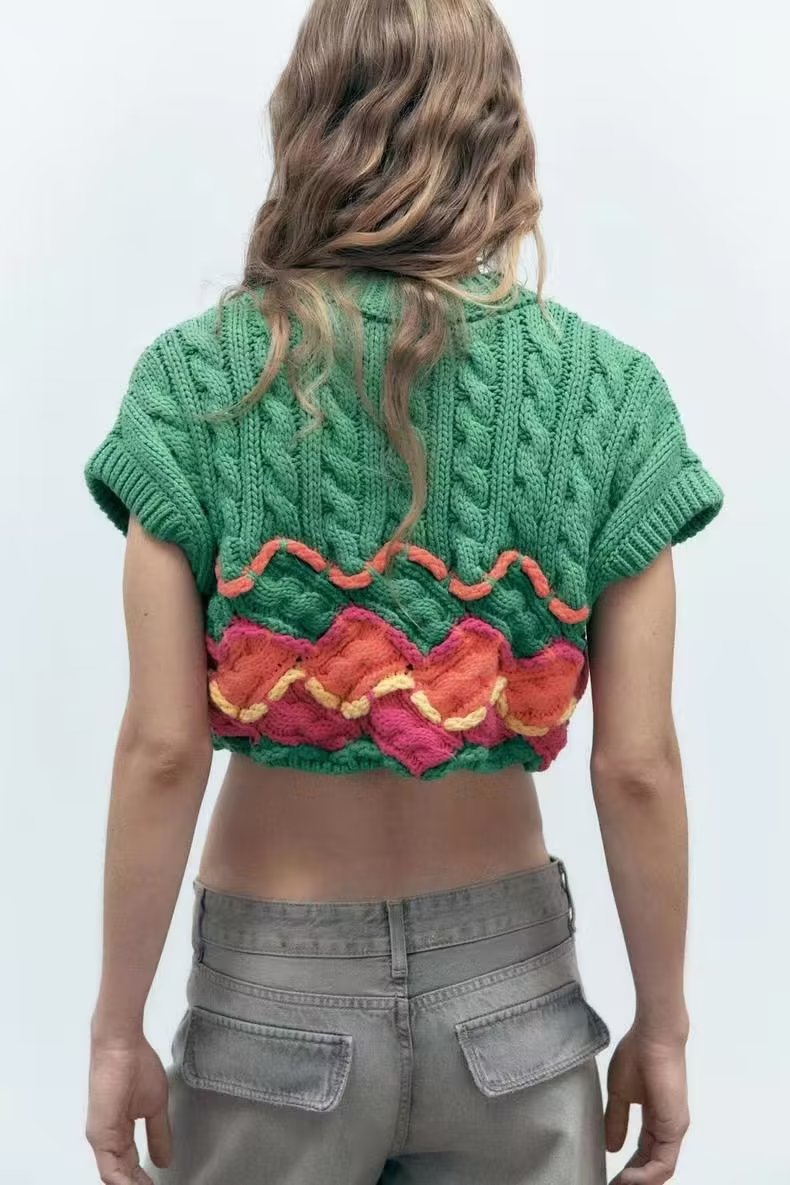 Women Clothing Crocheted Effect Short Knitted Sweater Vest Jacket Women Top