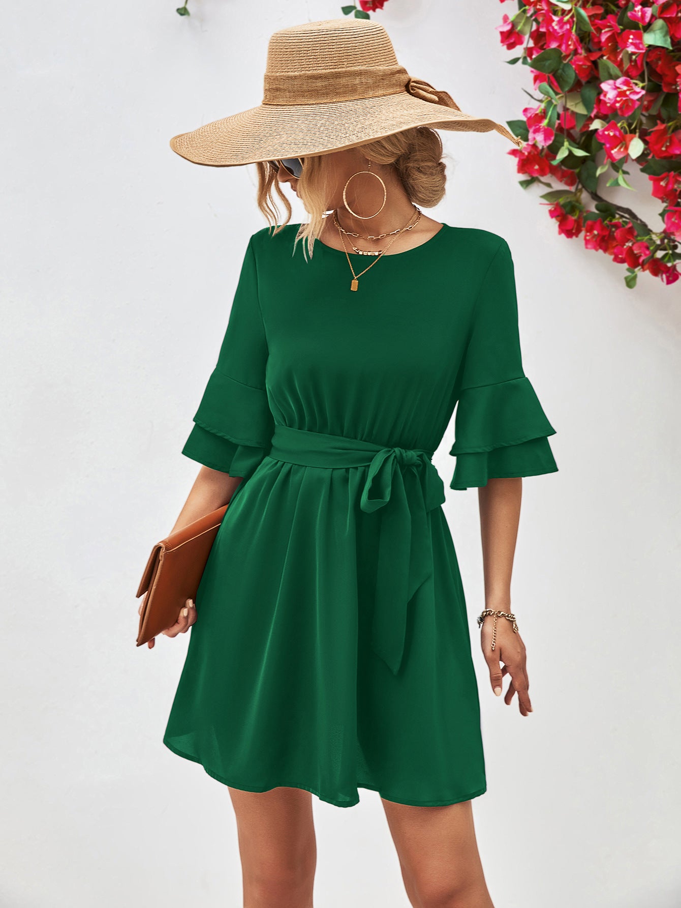 Popular Horn Ruffle Sleeve Solid Color Dress