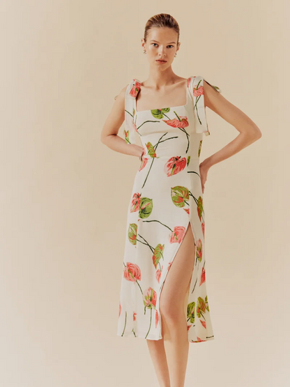 Summer French Elegant Pastoral Printed High Slit Strap Dress Women Tube Top Mid Length Dress