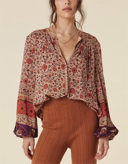 Watermark Positioning Flower Collarless Long Sleeved Shirt