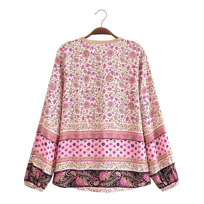 Watermark Positioning Flower Collarless Long Sleeved Shirt