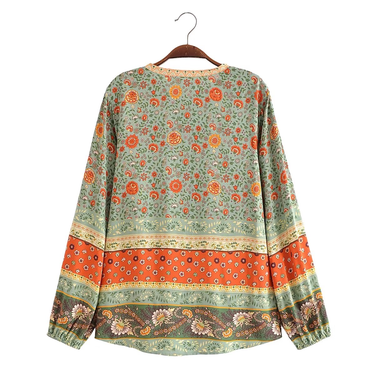 Watermark Positioning Flower Collarless Long Sleeved Shirt