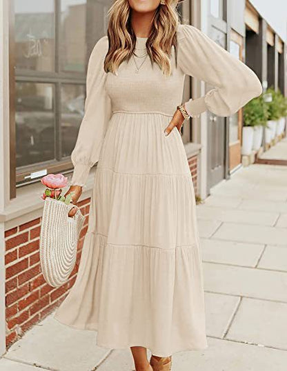 Women Clothing Popular Long Sleeve Pleating Layered Short Sleeve Large Swing Dress