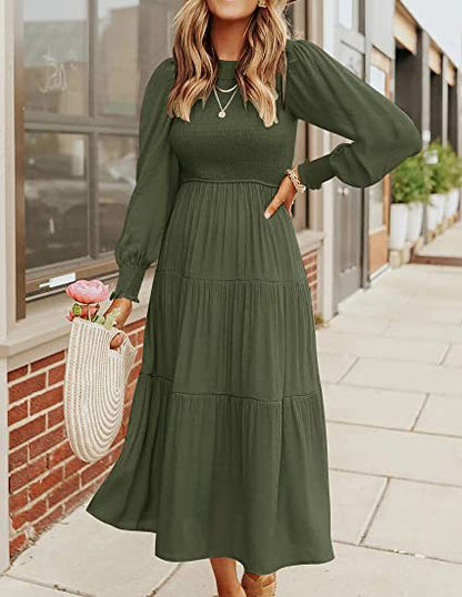 Women Clothing Popular Long Sleeve Pleating Layered Short Sleeve Large Swing Dress